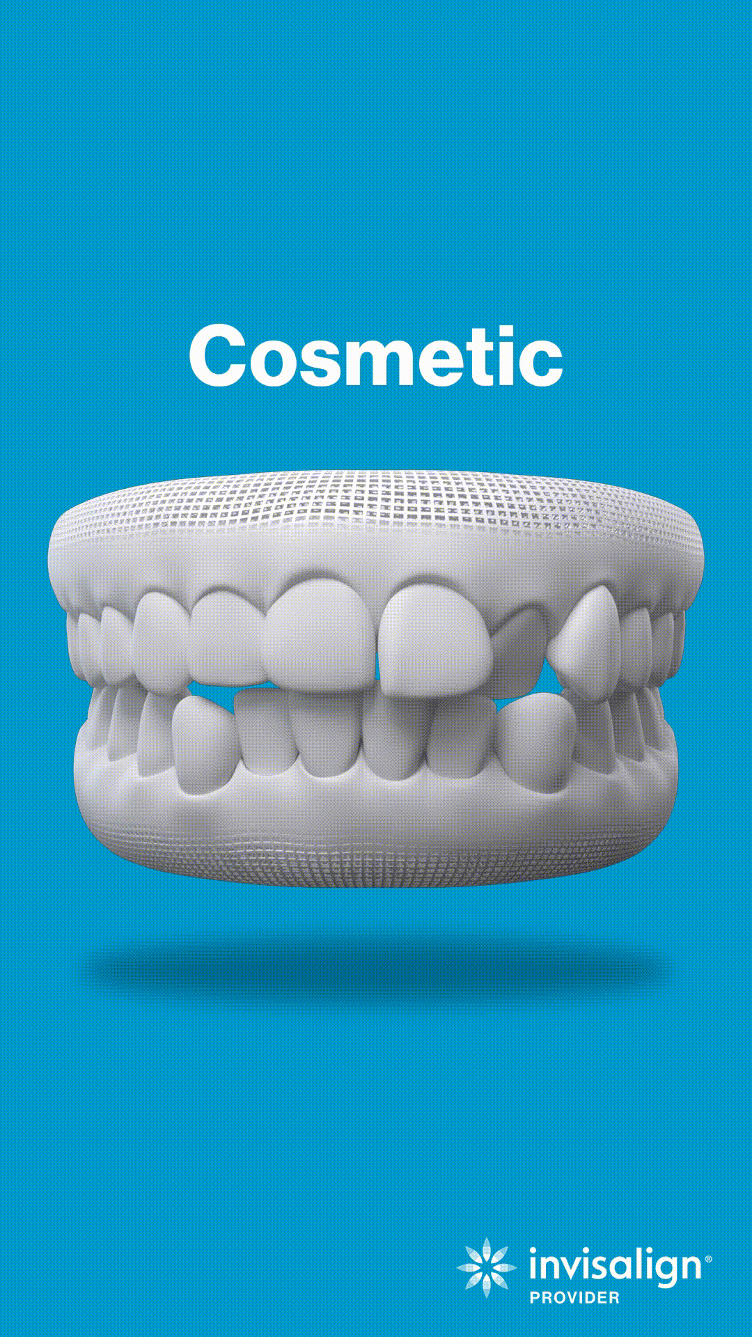 Dental model showing teeth alignment against blue background with "Cosmetic" label for Invisalign treatment.